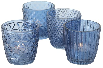 Seaside No.64 - Windlicht-Set 4 teilig aus Glas 7,5 x 7,5cm - Teelichthalter für Romantisches Ambiente - Kerzenständer mit verschiedenen Designs - Retro Kristall Ornamente - (Blau, Set)