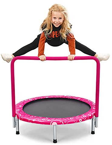 COSTWAY Mini Trampoline Enfants Pliable 92 cm avec Housse de Sécurité Matelassée et Poignée Recouverte pour Intérieur Charge maximale 150 KG (Rose)