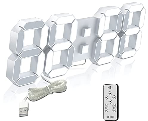 Deeyaple LED Wanduhr Digital Groß Wecker 3D Uhr Dimmbar Snooze USB 12/24Stunden Datum Temperaturanzeige Fernbedienung Nachtlicht Wohnzimmer Küche Schlafzimmer Büro 38cm (Weiß)