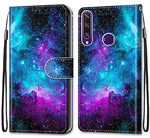 Mo-Somnus Kompatibel mit Huawei Y6P Hülle, Leder Handyhülle mit Kartenfach Geld Slot Ständer PU Ledertasche TPU Bumper Wallet Flip Brieftasche Magnetische Schutzhülle Case Etui (Himmel)