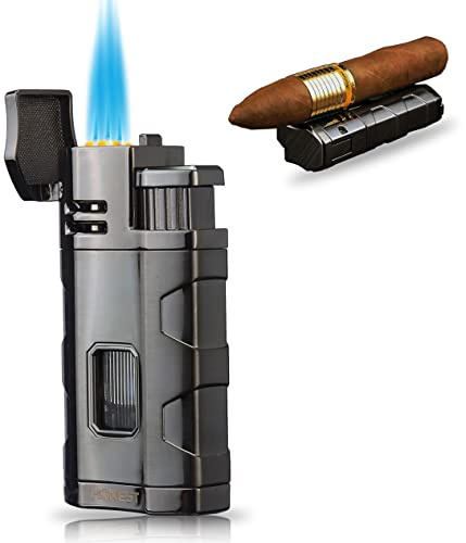 PROMISE Taschenlampe Feuerzeug Triple Jet Flame Nachfüllbar Butan Zigarrenfeuerzeug Winddicht mit Zigarrenpunsch - Butan nicht enthalten (Gunmetal-E)