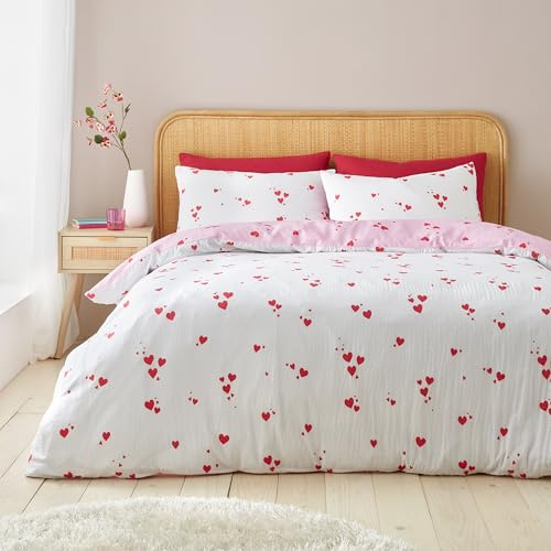 Catherine Lansfield Seersucker Heart Single Duvet Cover Set with Pillowcase White/Red