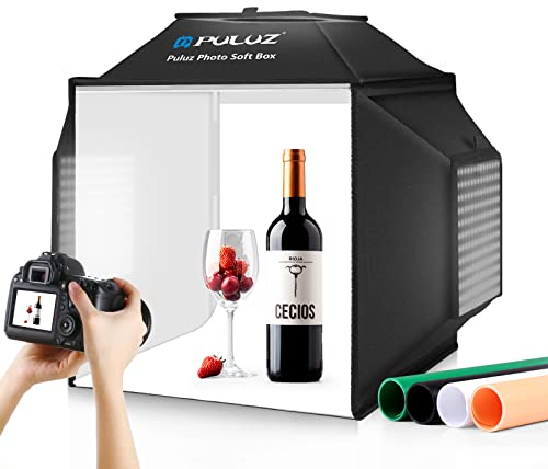 PULUZ Upgrade Fotozelt mit Beleuchtung 480 LED-Leuchten, Fotobox 40cm, Professionelles Fotobox mit 3 Leuchttafeln 5500K & 4 farbigen PVC-Hintergründen für Schmuck und Produktfotografie