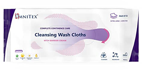 26x Omnitex Incontinence Cleansing Wash Cloths with Barrier Cream - Microwaveable | Rinse-Free All in One Continence Care Cleansing Wipes | Cleans Nourish Protect | With Aloe Vera, Vitamins | 1x 26pk
