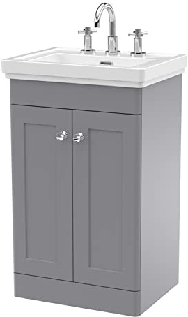 nuie CLC223B Classique Traditional Bathroom Floor Standing 2 Door Vanity Basin Unit with 3 Tap Hole Fireclay Basin, 500mm, Satin Grey