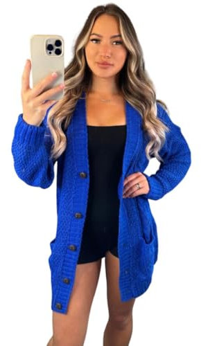 Crazy Fashion Women’s Long Sleeve Grandad Open Front Button Top Chunky Aran Cable Knitted Cardigan Ladies Sweater Winter Jumper Royal Blue 16-18