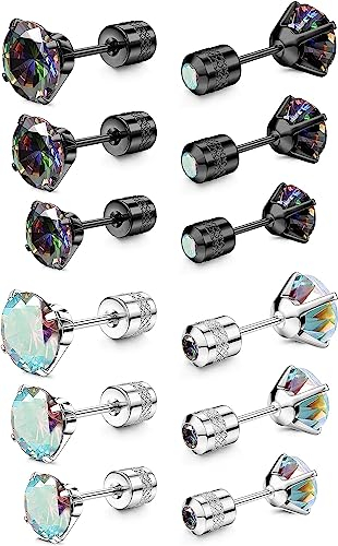 MILACOLATO 6Paar Titan Ohrstecker Set für Empfindliche Ohren Schraube Zurück Hypoallergen Edelstahl Ohrstecker Double Side Regenbogen AB Cubic Zirkonia Knorpel Ohrringe für Damen Herren 4/5/6 MM