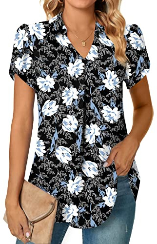 Aodemo Women's Summer Dressy Collared V Neck Chiffon Blouse Short Sleeve Tunic Tops Casual Pleated T-Shirts L, White Lily