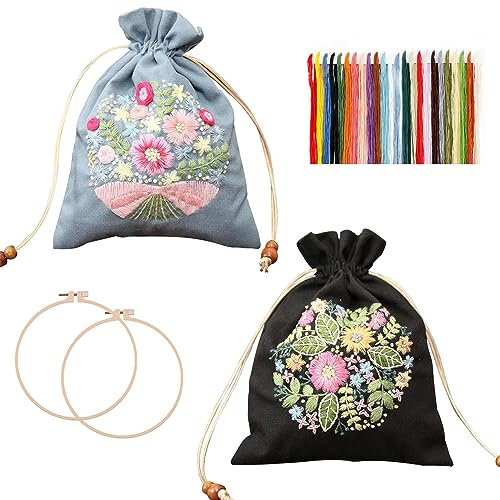 PAIKIUU 2Pack Sticken Set für Anfänger, Stickset mit Kordelzug für Erwachsene Embroidery Kit Erwachsene