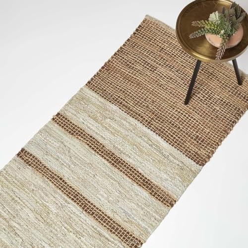 HOMESCAPES Tappeto runner in vera pelle marrone intrecciato a mano motivo a righe riciclata ecologica tappeto per corridoio 66 x 200 cm