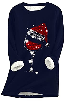 EFOFEI Damen Süße Weihnachtskleidung Top Mit Weihnachtsmütze Muster Lässig Warm Top Marineblau M