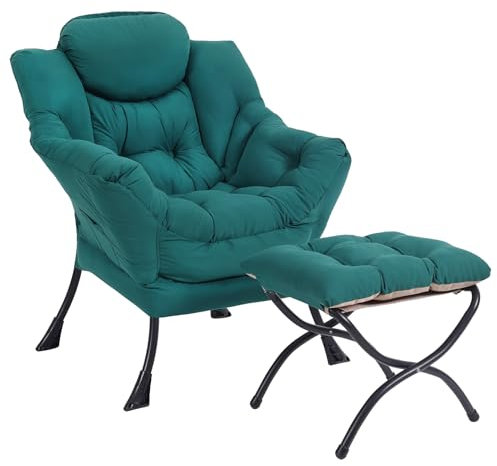 SESHINELL Armchair with Ottoman, Comfy Upholstered Lounge Reading Chair with Side Pocket and Armrests, Modern Bedroom Lazy Chair and Footstool Set for Living Room, Dark Green