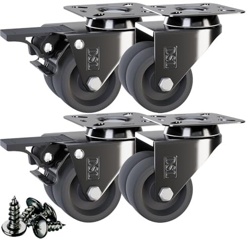 DSL Caster Wheels set of 4 - TPR Heavy Duty Braked 50mm Swivel Castor Wheels Trolley – No Floor Marks Silent Rubbered Castors for Furniture – upto 400KG + Free Fitting