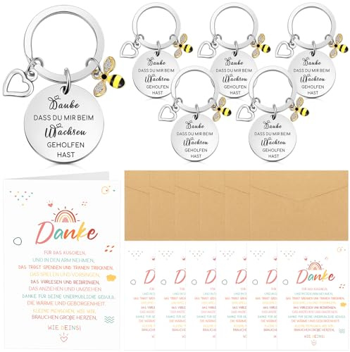 Tenare 6 Sets Abschiedsgeschenk Schlüsselanhänger für Erzieherin Abitur | Danke, Kindergärtnerin Lehrerin, Herz, Bienen Anhänger, Regenbogen Dankeskarten, Umschläge