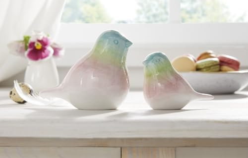 2X Dekofigur Vogel Pastell aus Porzellan, glänzend, 9 + 12 cm hoch, Osterdeko, Frühlingsdeko, Figurenset