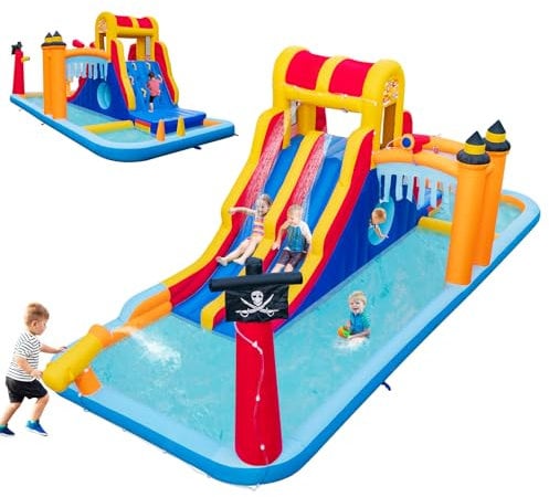 COSTWAY Inflatable Water Park, Bouncy Castle Jumper House with Slide, Climbing Wall, Water Gun and Splashing Pool, Outdoor Blow Up Activity Center for Kids