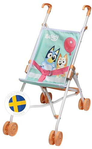 Bluey Puppenwagen Sulky – Leichter Puppenbuggy, Zusammenklappbar und tragbar, perfektes Spielzeug für Kinder ab 3 Jahren, rosafarbenes und blaues Design mit niedlichen Tiermustern – 540x270x400 mm