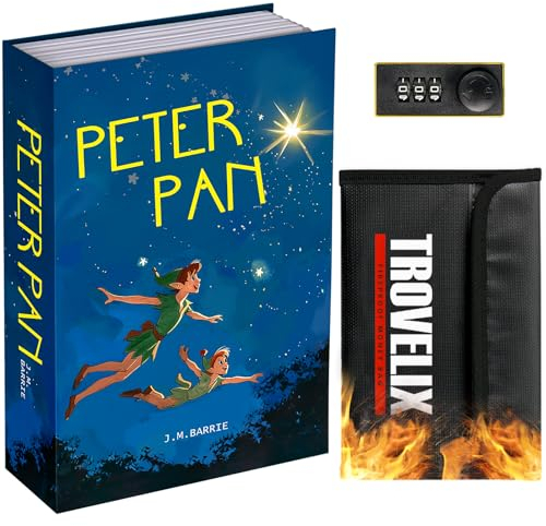 Buchtresor mit Zahlenschloss, Versteckter Safe (9,5 x 6,2 x 2,2 Zoll) mit feuerfester Tasche, Secret Diversion Safe, Hohlbuchbox Versteckte Aufbewahrung, Geldtresor für Bargeld (Peter Pan)