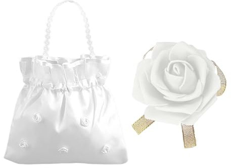 1 sac à main de mariage en satin, 1 fleur de poignet, sac de mariage, accessoires de mariée, sac à main de mariage, sac à main de mariée blanc