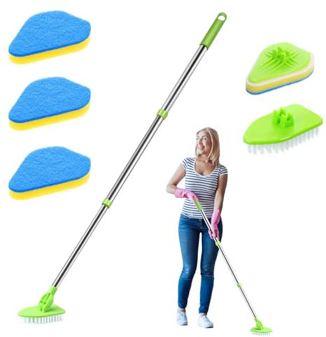 Bathroom-Cleaning-Scrubbing Long-Handled Scrubbing Brush with Squeegee - Extendable Tub and Tile Cleaner, 2 in 1 Floor and Shower Brush for Bathroom and Kitchen