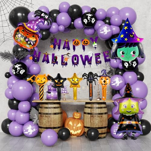 2024 60 decorazioni per palloncini di Halloween, palloncini di lattice viola, decorazioni per feste di Halloween interne ed esterne, palloncini di alluminio della strega viola