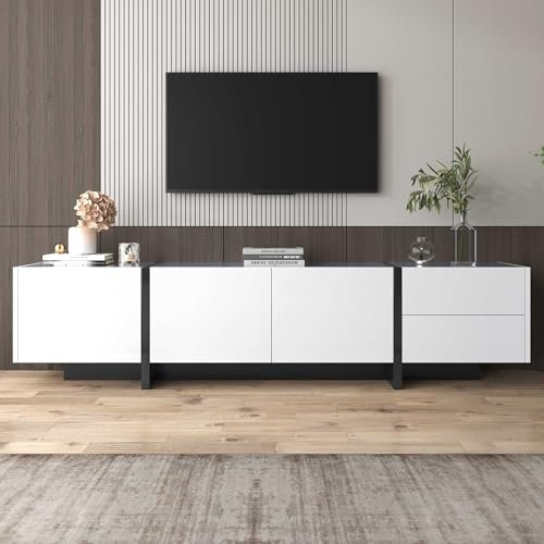 LULUWA TV Cabinet Low Panel with Colorblocked Legs in High-gloss White and Black with Doors and Drawers with Shelves Simple Line Design (White)