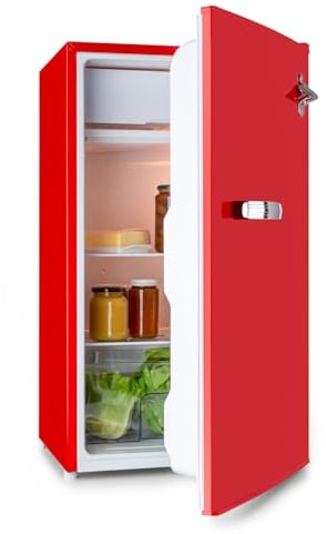 Klarstein Beercracker – 90-Liter-Kühlschrank, Volumen: 90 l, Energieeffizienzklasse E, Gefrierfach, Gemüsefach, 3 Türfächer, Flaschenöffner am Gerät, 2 Glasablagen, Rot