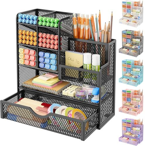 VITVITI Schreibtisch Organizer, 10 Fächer Stiftehalter mit Schublade, Netz Stifte Regal aus Metall, Stiftehalter Schreibtisch für Schule Heim Büro (Schwarz)