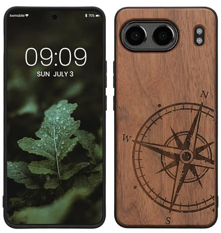 kwmobile Hülle kompatibel mit OnePlus Nord 4 5G Hülle - Holz Case - Handy Cover - TPU Handyhülle in Dunkelbraun Kompass Vintage