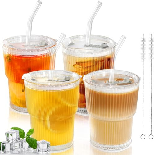 Mozvvco Lot de 4 Verres à Eau 400 ML Avec Couvercles et Paille - Gobelets Réutilisables en Verre - Tasses à Café Rayées Pour Smoothie, Jus, Café, Bubble Tea