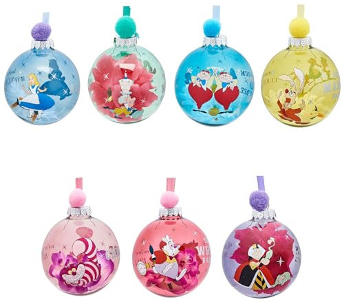 Disney - Set of 7 Christmas Tree Baubles - Alice In Wonderland - Alice, Cheshire Cat, Mad Hatter, White Rabbit, Queen Of Roses, Tweedle Dee & Dum & The March Hare - Officially Licensed Merchandise.