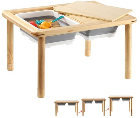 FUNLIO hölzerner Fühltisch mit 2 Fächern für Kleinkinder 1-5, 3-stufig höhenverstellbarer Kinder-Fühltisch mit verzugsicherem Sperrholzdeckel, Spiel-Sand- und Wassertisch, CPC-Zertifiziert