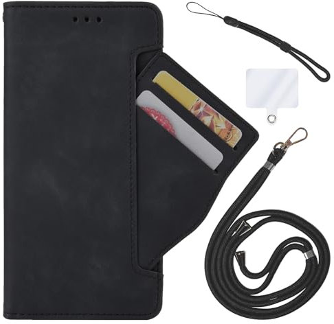 Damolong Wallet Phone Case Compatible for Oppo A54 5G OPG02(6.5 Inch), Magnetic Leather Flip Case for Oppo A74 5G, with Card Holder, 1× Cell Phone Lanyard, 1× Wrist Strap Black