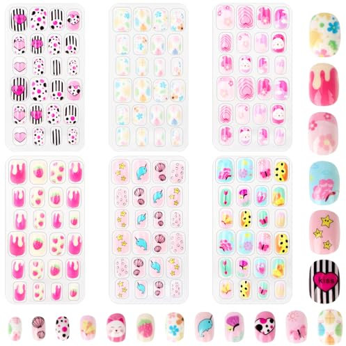 OWill Kids Stick on Nails, 144 Pcs Cute Cartoon Fake Nails for Kids, Full Cover Children False Nail Press on Nail Party Gift for Girls