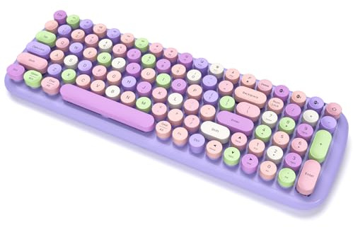 MOFII Kabellose Bluetooth-Tastatur für iPad, Laptop, PC, Mac, Smartphone, verbindet 3 Bluetooth-Geräte, niedliche bunte runde Tasten, Retro-Schreibmaschinentastatur – Lila