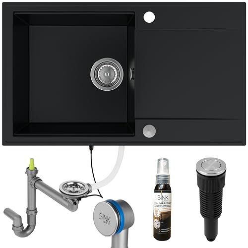SINK QUALITY Küchenspüle mit Abtropffläche - Spülbecken Schwarz 78x46 cm - inkl. Knopfdruck Siphon PUSH und Imprägnieren - Einbauspüle für 60er Unterschrank - Granitspüle Schwarz XXL