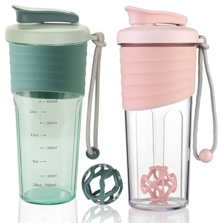 OUOUMUF 2 Stück Protein Shaker mit TRITAN Rührball eiweiss shaker shaker für proteinshakes- für super cremige Fitness Eiweiß Shakes,shaker proteinshaker 700ml (Rosa und Türkis)
