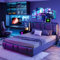 Lazyspace Polsterbett 160 x 200 cm, Hydraulisch Stauraumbett Funktionsbett mit Großer Stauraum, Doppelbett mit LED-Beleuchtung, Einzelbett mit Kopfteil und Lattenrost, Jugendbett, PU-Leder, Schwarz