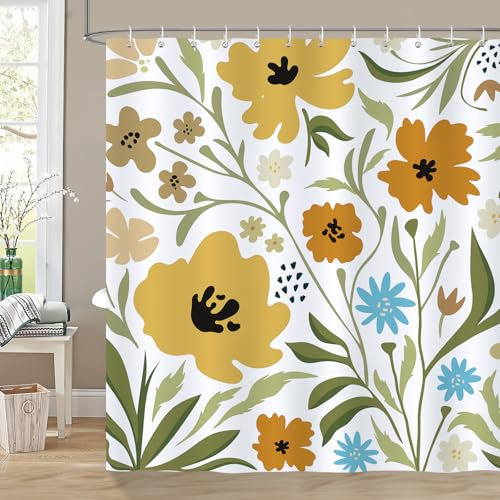 COZZSNUGE Rideau de Douche Boho Floral, Rideau de Baignoire Fleurs Colorées Moderne 183 x 183 cm Polyester Imperméable Résistant à la Moisissure 12 Crochets