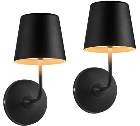 NEWSEE Wireless Wall Lights Set of 2, Small Battery LED Wall Sconces, 5000mAh Rechargeable with Touch Control, Dimmable & Waterproof, Metal Shade Lamp for Garden, Bedroom, Bathroom, Hallway (Black)