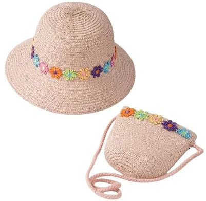 REYOK Chapeau de Soleil pour Filles Mini Sac de Paille, Petit Sac avec décoration de Fleurs Chapeaux de Paille de Plage d'été Chapeau de Soleil pour activités de Plein Air