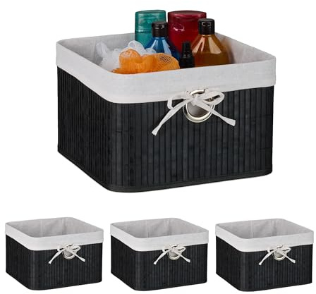 Relaxdays Aufbewahrungskorb 4er Set, Bambus, Stoffeinsatz, HBT: 20x31x31 cm, Körbchen Griffloch, Regalkorb, schwarz/weiß