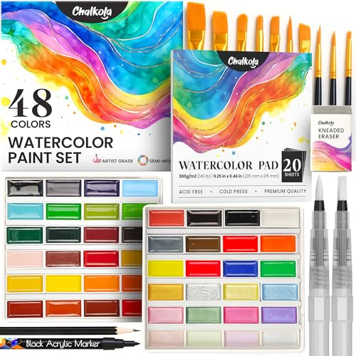 Chalkola 48 Semi Moist Water Colours Paint Adult Set - Professional XL Pans | Watercolour Paint Set with Painting Brushes, Water Colour Pad & Art Supplies - Suitable for Adults, Kids, Beginner & Artists