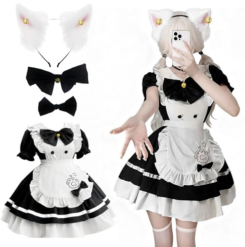 MeYuxg Maid Dress, Niedliche Katze French Maid Dress, Schwarz-Weißes Maid Outfit mit Schürze, Kopfbedeckung und Schleife, Dienstmädchen Kostüm für Halloween, Karneval, Partys, Comic-Conventions