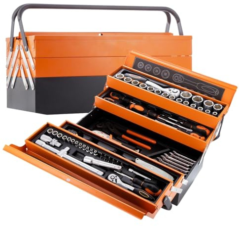 A.M.C. Cassetta Attrezzi Chiavi Completa con 85 Pezzi in Metallo Cassetta Porta Utensili Organizer per Attrezzi Resistente Pieghevole con Occhiello per Lucchetto per Fai da Te Meccanico Elettricista