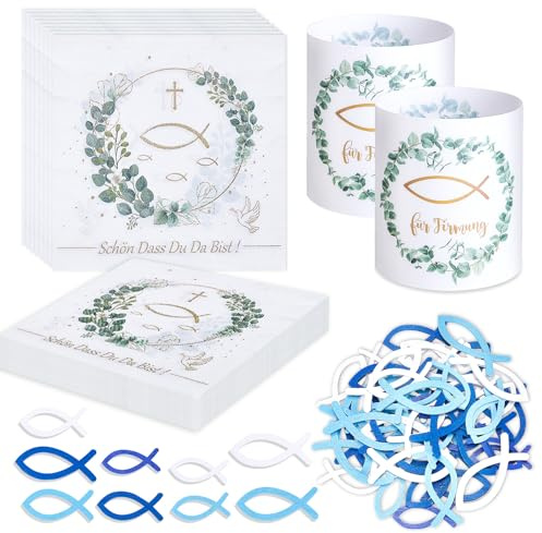 20 Stück Servietten Firmung Eukalyptus Schön Dass Du Da Bist + 12 Stück Windlicht Tischdeko + 54 Stück Holzfische Streudeko, Grün Tischdeko Set für Taufe Kommunion Junge Mädchen