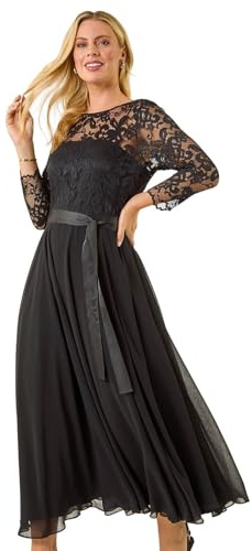 Roman Petite Lace Contrast Bodice Dress for Women UK - Ladies Everyday Autumn Winter Round Neckline Comfy Soft Evening Vacation Work Party Night Out - Petite Black - Size 12