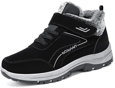 FUJEAK Winter Snow Boots for Mens Fur Lined Warm Ankle Slip On Anti-Slip Casual Boots Waterproof Outdoor Trainers Lightweight Comfortable Shoes Black UK Size 11
