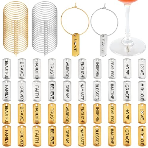 PH PandaHall 40 Sets Weinglas Anhänger Inspirationswort Getränke Anhänger Motivationsbuchstaben Charm Weinglas Becher Etikett Ring Getränkekennzeichnungen Für Stielgläser Cocktail Champagner Party