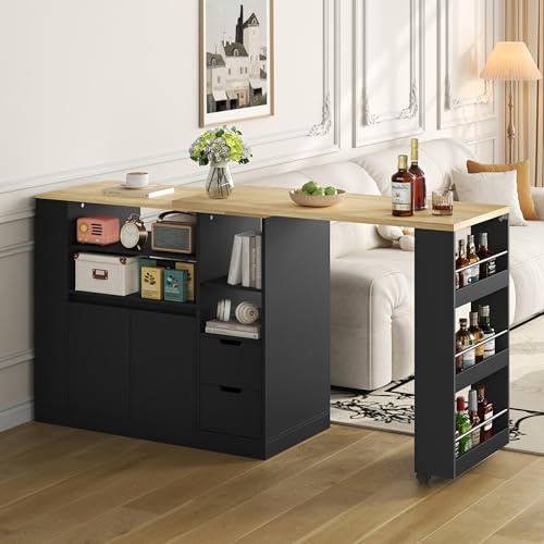 Merax Bartisch mit Stauraum, mit dreiseitigen Regalen&2 Schubladen, Kücheninsel mit ausziehbarer Arbeitsplatte115cm - mit 360° Drehfunktion, Schwarz